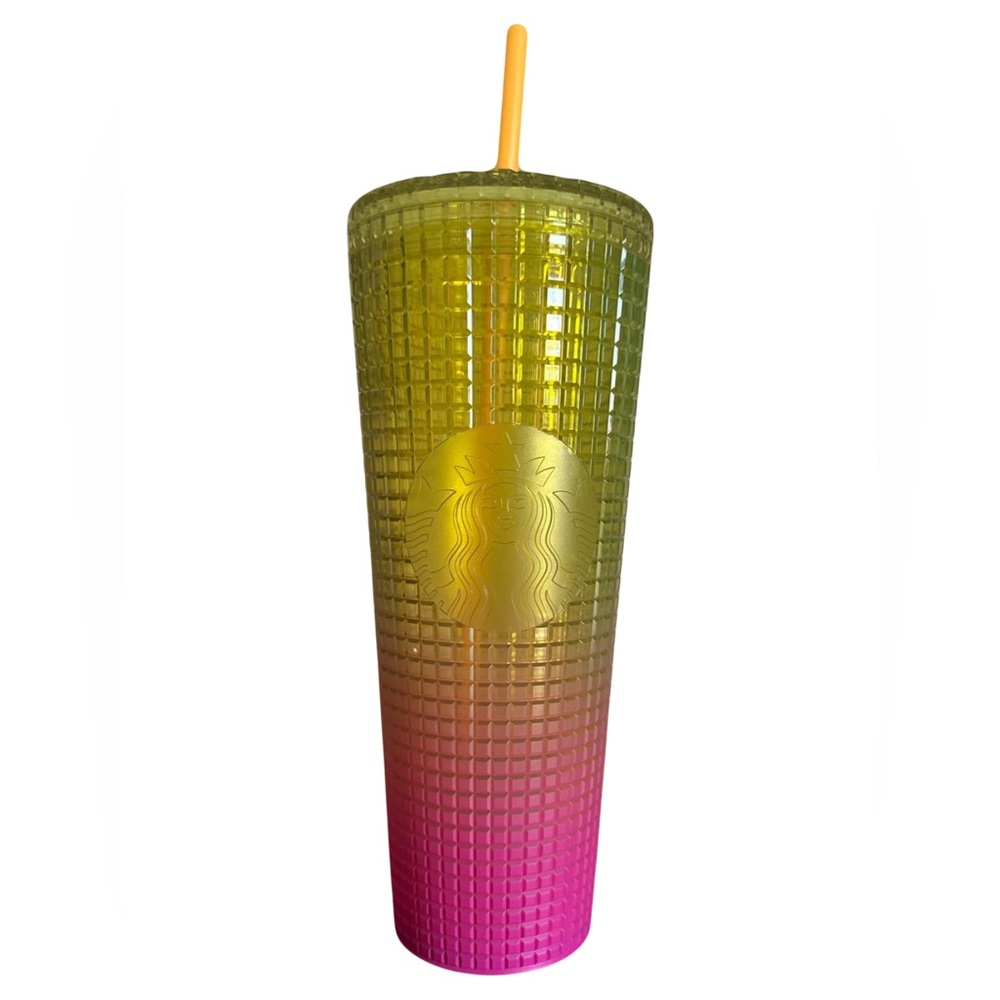 NEW Starbucks Summer Lemon Yellow Pink Gradient Ombre Grid 24oz Venti Tumbler